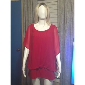 JM Collection Red Blouse‎ Sheer Overlay Banded Bottom Top Plus Size XXL